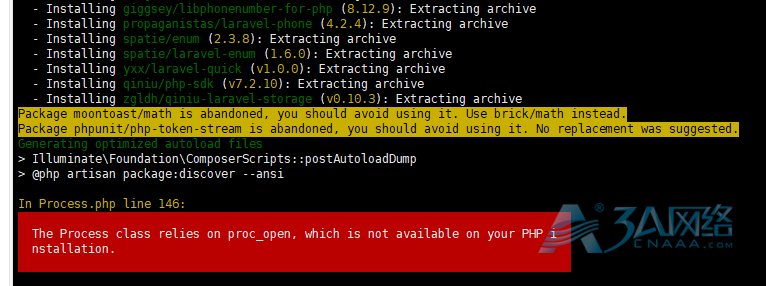 laravel新建应用报错：The Process class relies on proc_open, which is not