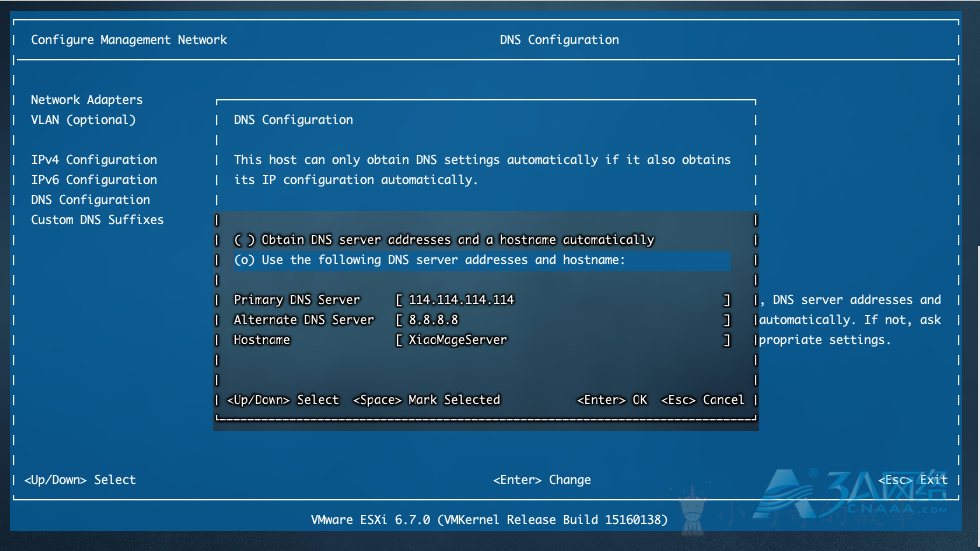 VMware-ESXI-6.7修改静态IP地址和主机名称以及许可证